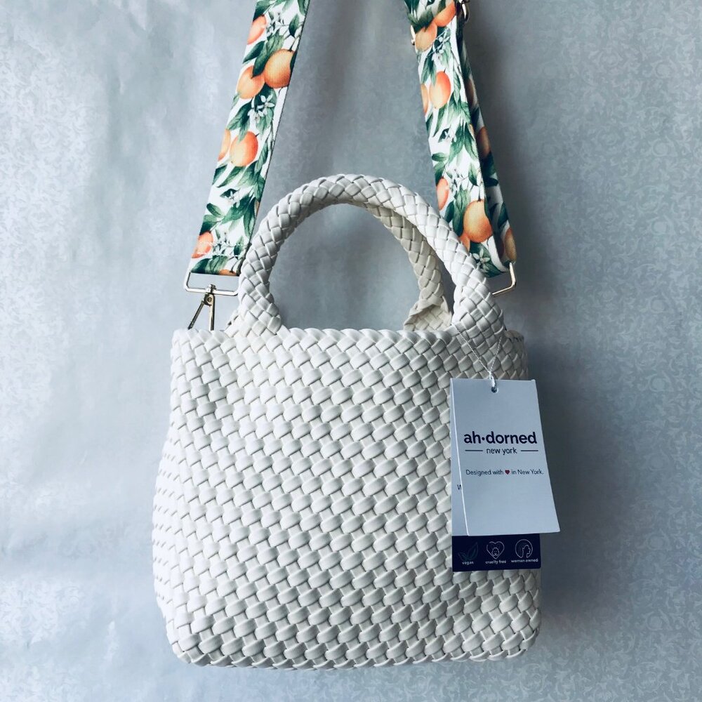 ahdorned messenger  Crossbody bag White w guitar  straps  vegan leather  9"x8"
